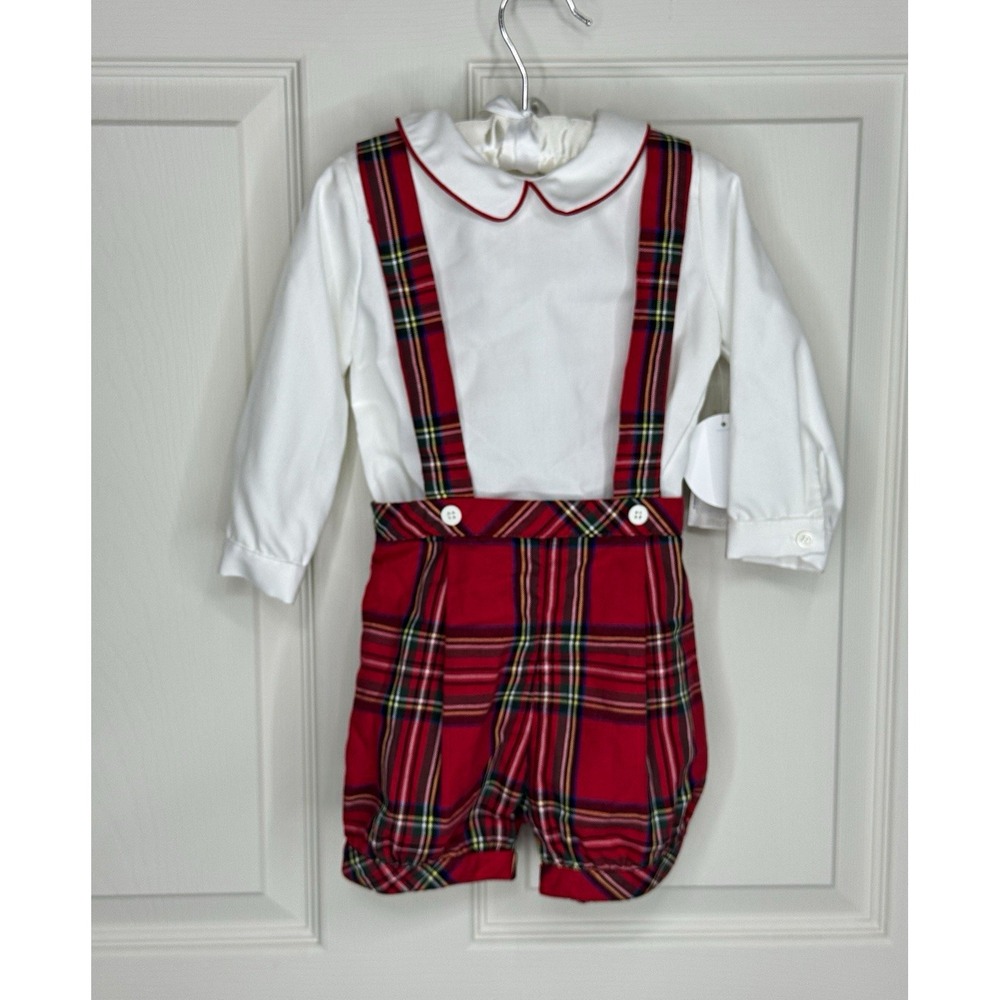 Edgehill Collection Boys 12M 2pc Red Tartan Plaid Suspender Short Set NWT